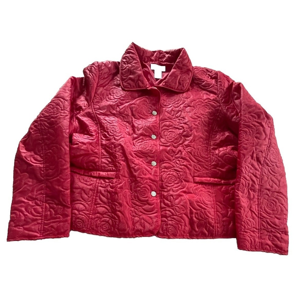 JG‎ Hook XL Red Raspberry Rain Jacket Quilted Floral Snap Front W/ Zip Pockets
